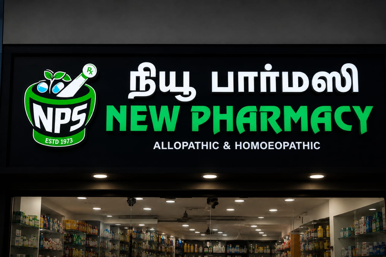 The New Pharmacy storefront on Mount Road, Coonoor, lit up in the evening